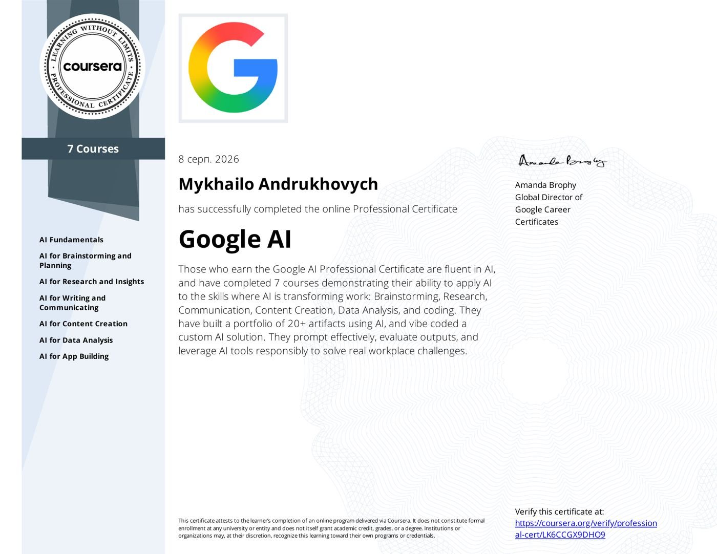 Google AI Professional Certificate certificate, Google · Coursera