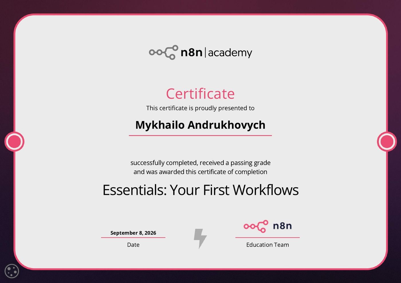 Essentials: Your First Workflows certificate, n8n Academy