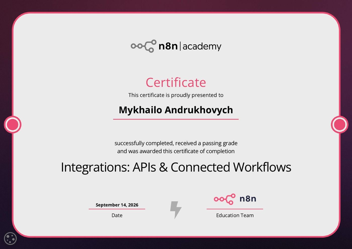 Integrations: APIs & Connected Workflows certificate, n8n Academy
