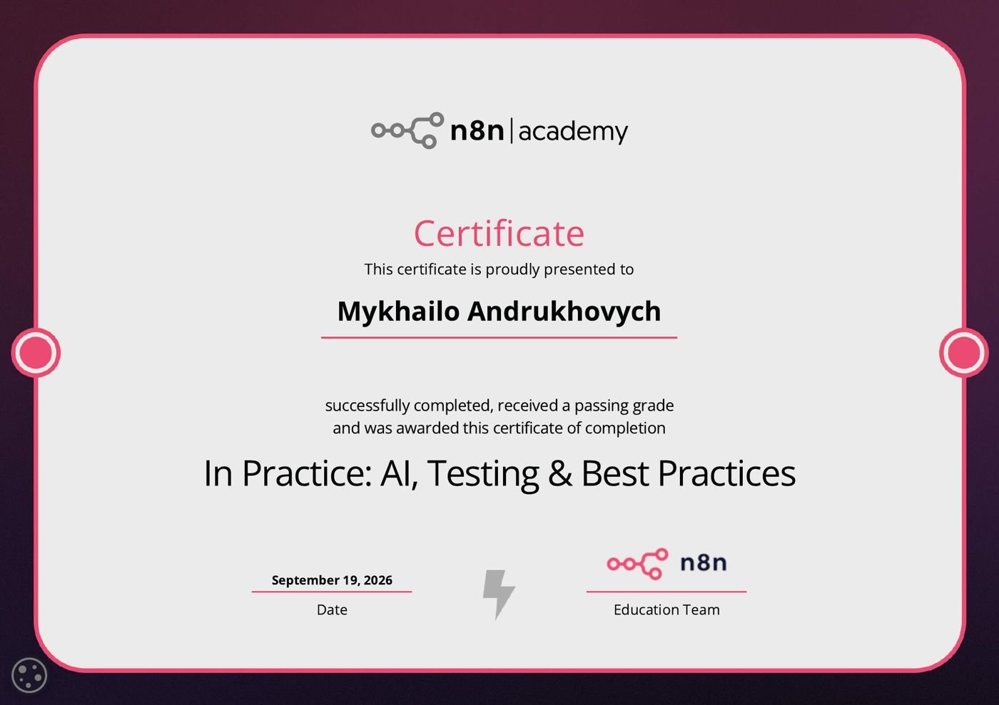 In Practice: AI, Testing & Best Practices certificate, n8n Academy